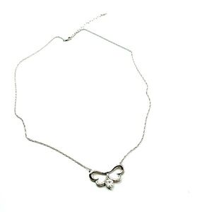 Sterling Silver 925 Double Heart Butterfly Necklace w/ Rhinestone Gem 21” Love